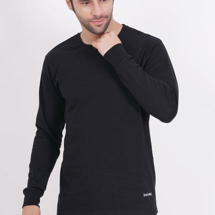 Men Solid Round Neck Full Sleeve Pure Cotton Black T-Shirt