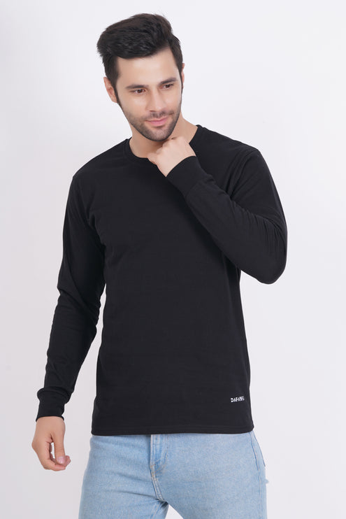 Men Solid Round Neck Full Sleeve Pure Cotton Black T-Shirt