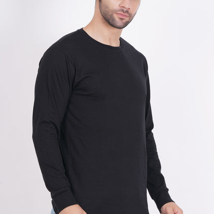 Men Solid Round Neck Full Sleeve Pure Cotton Black T-Shirt