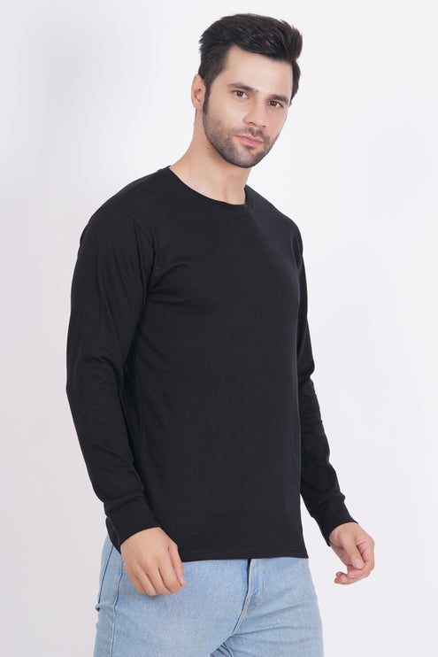 Men Solid Round Neck Full Sleeve Pure Cotton Black T-Shirt