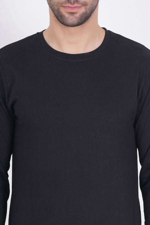 Men Solid Round Neck Full Sleeve Pure Cotton Black T-Shirt