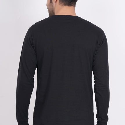 Men Solid Round Neck Full Sleeve Pure Cotton Black T-Shirt