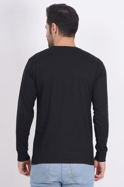 Men Solid Round Neck Full Sleeve Pure Cotton Black T-Shirt