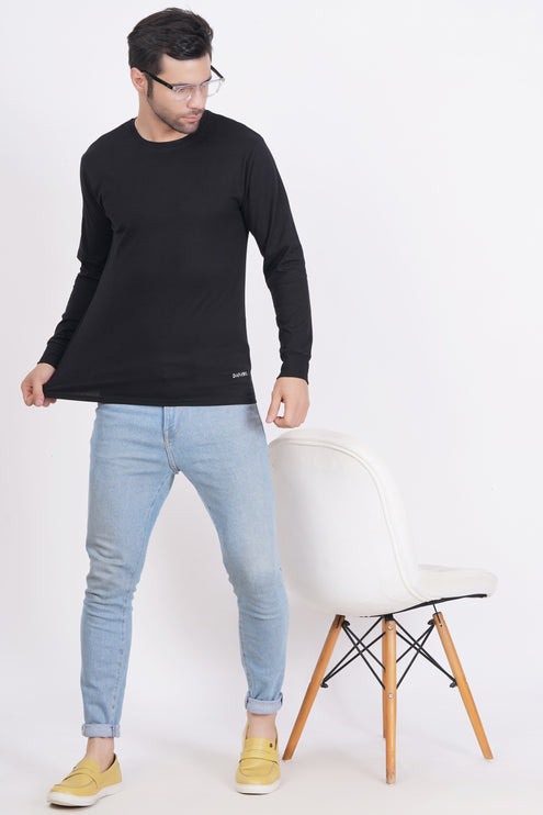 Men Solid Round Neck Full Sleeve Pure Cotton Black T-Shirt