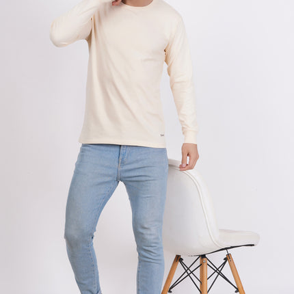 Men Solid Round Neck Full Sleeve Pure Cotton Cream T-Shirt