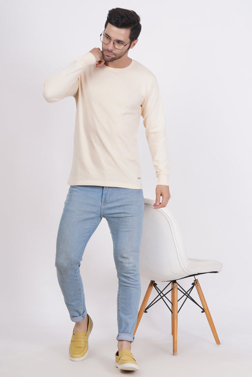 Men Solid Round Neck Full Sleeve Pure Cotton Cream T-Shirt