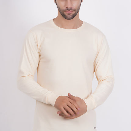 Men Solid Round Neck Full Sleeve Pure Cotton Cream T-Shirt