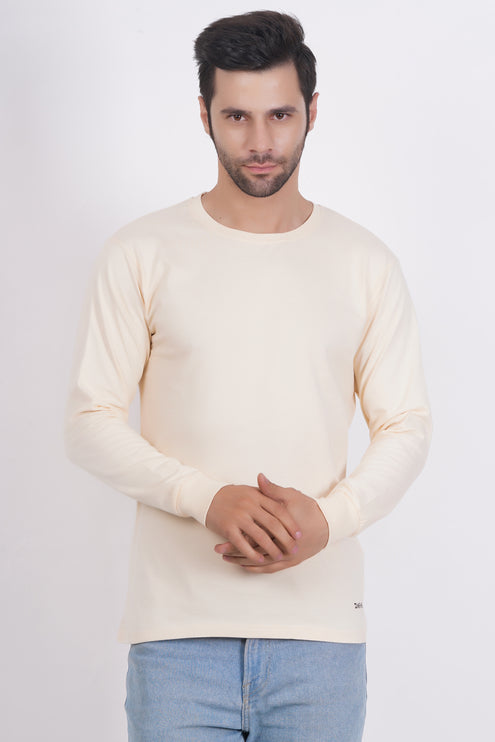 Men Solid Round Neck Full Sleeve Pure Cotton Cream T-Shirt