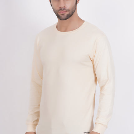 Men Solid Round Neck Full Sleeve Pure Cotton Cream T-Shirt