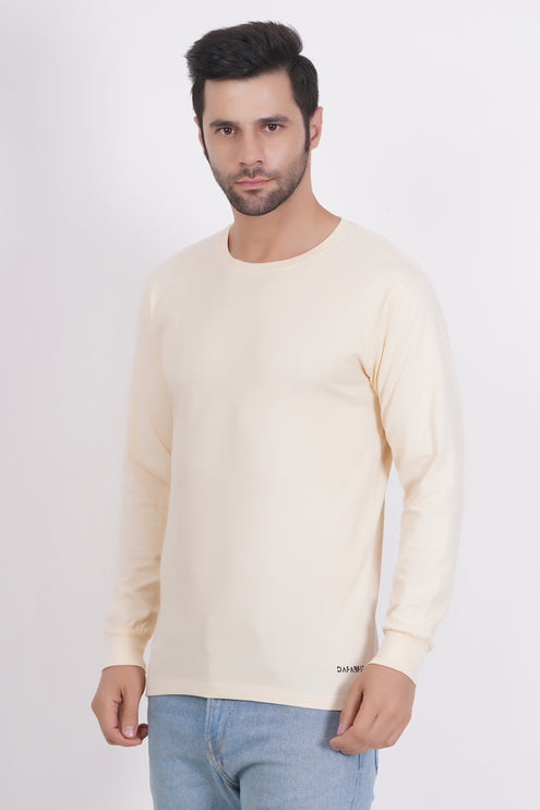 Men Solid Round Neck Full Sleeve Pure Cotton Cream T-Shirt