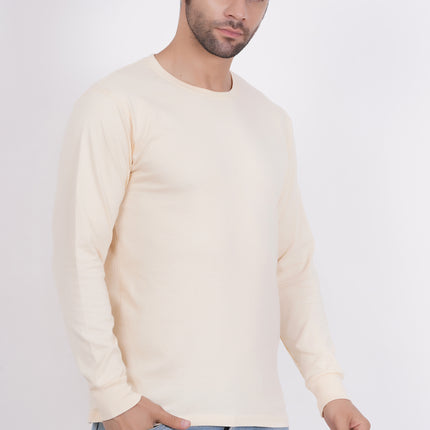 Men Solid Round Neck Full Sleeve Pure Cotton Cream T-Shirt