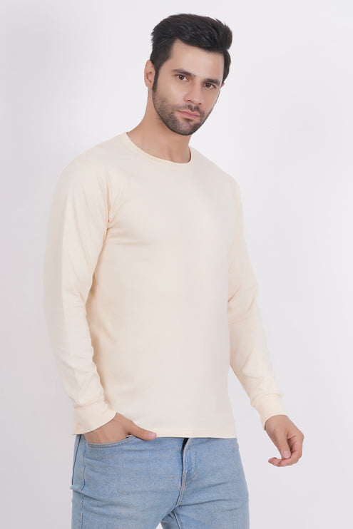 Men Solid Round Neck Full Sleeve Pure Cotton Cream T-Shirt