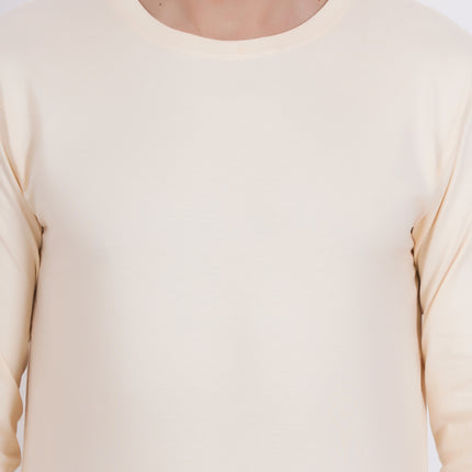 Men Solid Round Neck Full Sleeve Pure Cotton Cream T-Shirt