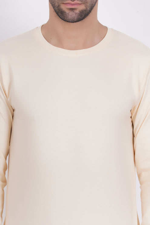 Men Solid Round Neck Full Sleeve Pure Cotton Cream T-Shirt