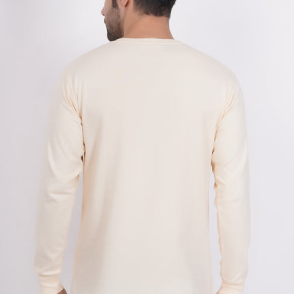 Men Solid Round Neck Full Sleeve Pure Cotton Cream T-Shirt