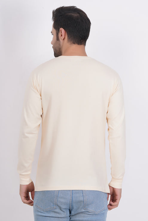 Men Solid Round Neck Full Sleeve Pure Cotton Cream T-Shirt