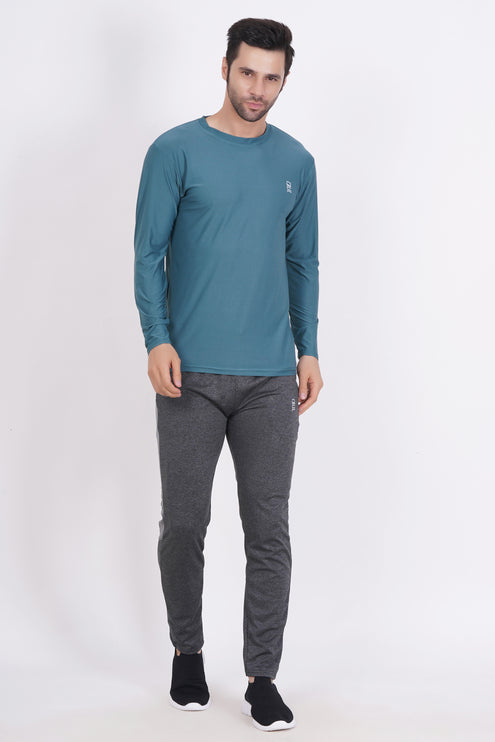 Men Solid Round Neck Polyester Full Sleeve Jasper Green T-Shirt