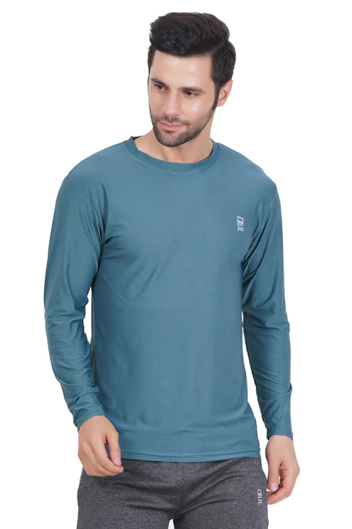 Men Solid Round Neck Polyester Full Sleeve Jasper Green T-Shirt