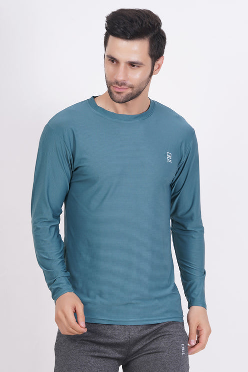 Men Solid Round Neck Polyester Full Sleeve Jasper Green T-Shirt