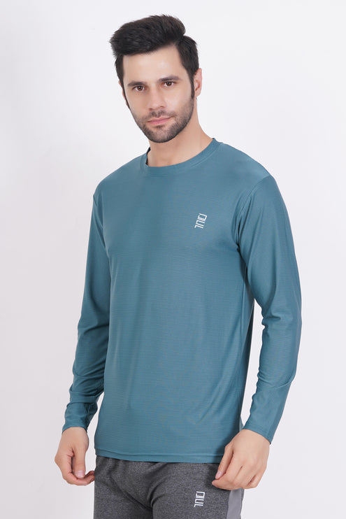 Men Solid Round Neck Polyester Full Sleeve Jasper Green T-Shirt