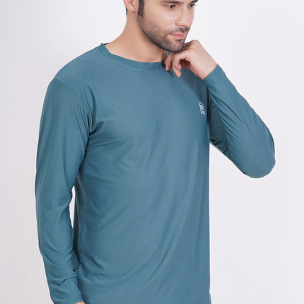 Men Solid Round Neck Polyester Full Sleeve Jasper Green T-Shirt