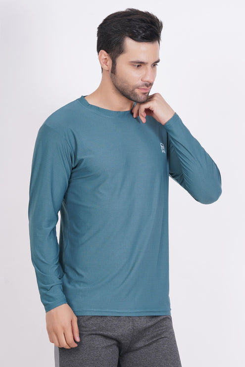 Men Solid Round Neck Polyester Full Sleeve Jasper Green T-Shirt