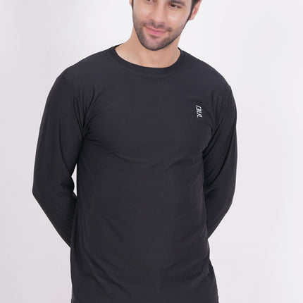 Men Solid Round Neck Polyester Full Sleeve Black T-Shirt