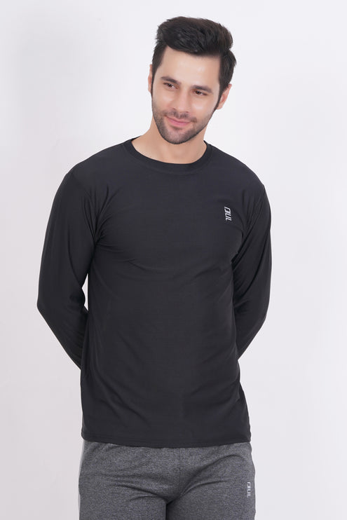 Men Solid Round Neck Polyester Full Sleeve Black T-Shirt