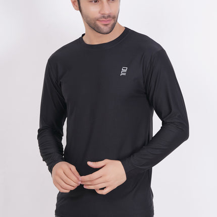 Men Solid Round Neck Polyester Full Sleeve Black T-Shirt