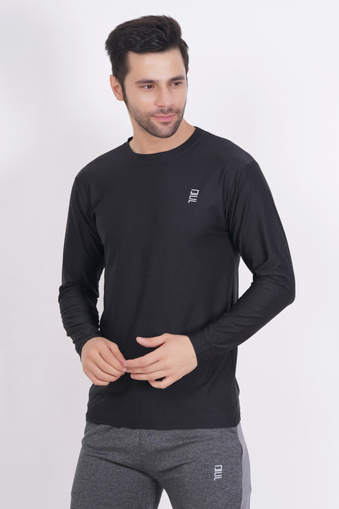 Men Solid Round Neck Polyester Full Sleeve Black T-Shirt