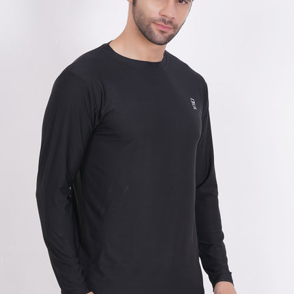 Men Solid Round Neck Polyester Full Sleeve Black T-Shirt