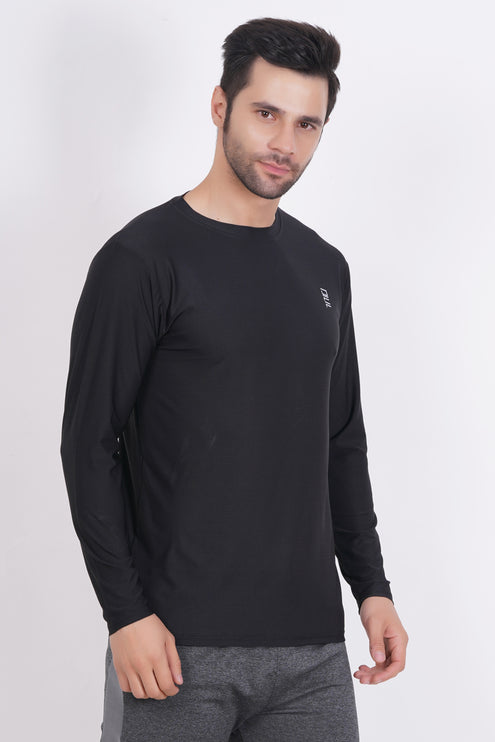 Men Solid Round Neck Polyester Full Sleeve Black T-Shirt