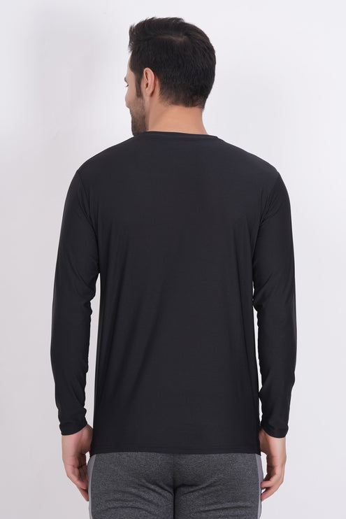 Men Solid Round Neck Polyester Full Sleeve Black T-Shirt