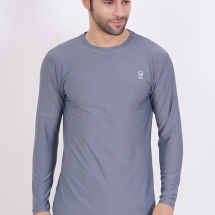 Men Solid Round Neck Polyester Full Sleeve Grey T-Shirt