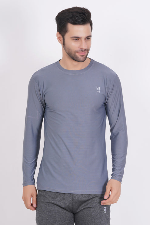 Men Solid Round Neck Polyester Full Sleeve Grey T-Shirt