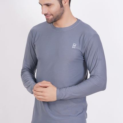 Men Solid Round Neck Polyester Full Sleeve Grey T-Shirt