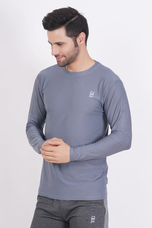 Men Solid Round Neck Polyester Full Sleeve Grey T-Shirt