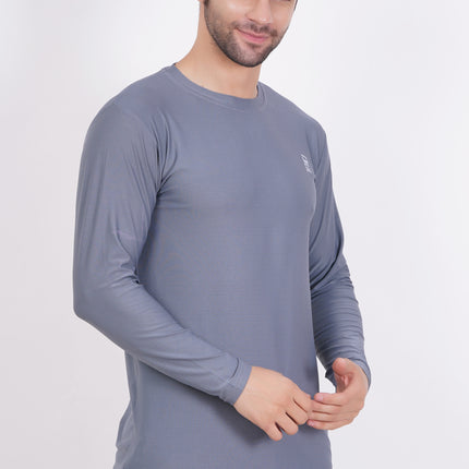 Men Solid Round Neck Polyester Full Sleeve Grey T-Shirt