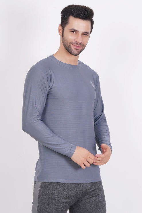 Men Solid Round Neck Polyester Full Sleeve Grey T-Shirt