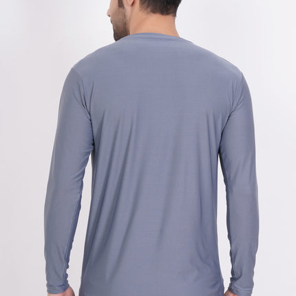 Men Solid Round Neck Polyester Full Sleeve Grey T-Shirt