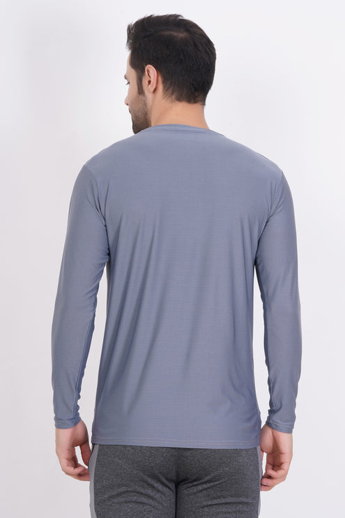 Men Solid Round Neck Polyester Full Sleeve Grey T-Shirt