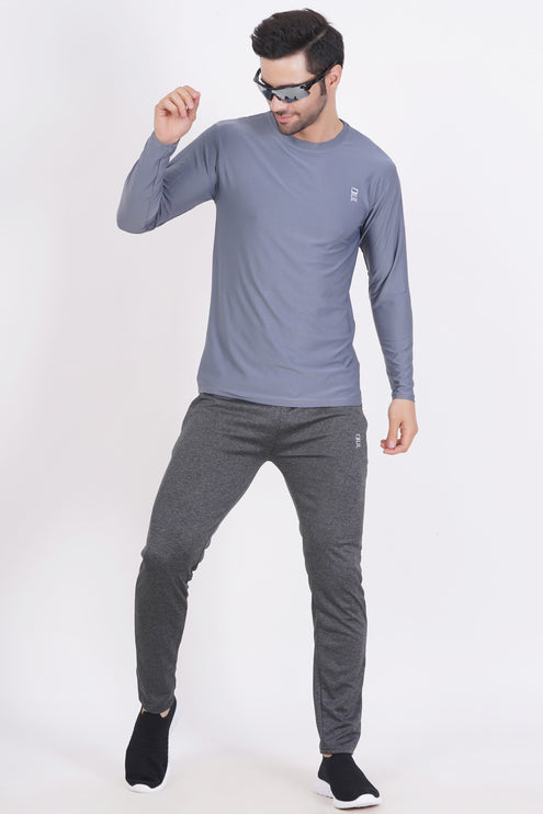 Men Solid Round Neck Polyester Full Sleeve Grey T-Shirt