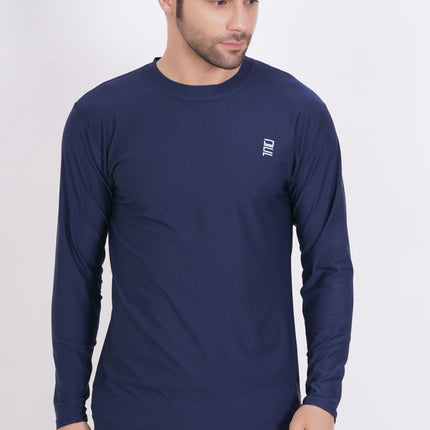 Men Solid Round Neck Polyester Full Sleeve Navy Blue T-Shirt