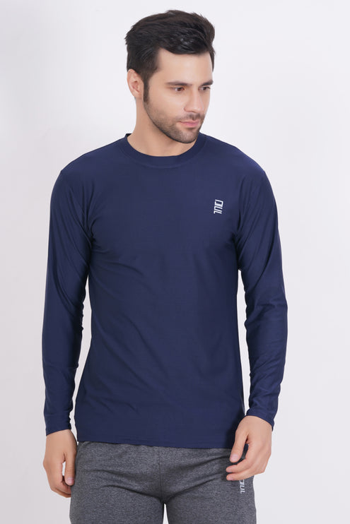 Men Solid Round Neck Polyester Full Sleeve Navy Blue T-Shirt