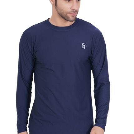 Men Solid Round Neck Polyester Full Sleeve Navy Blue T-Shirt