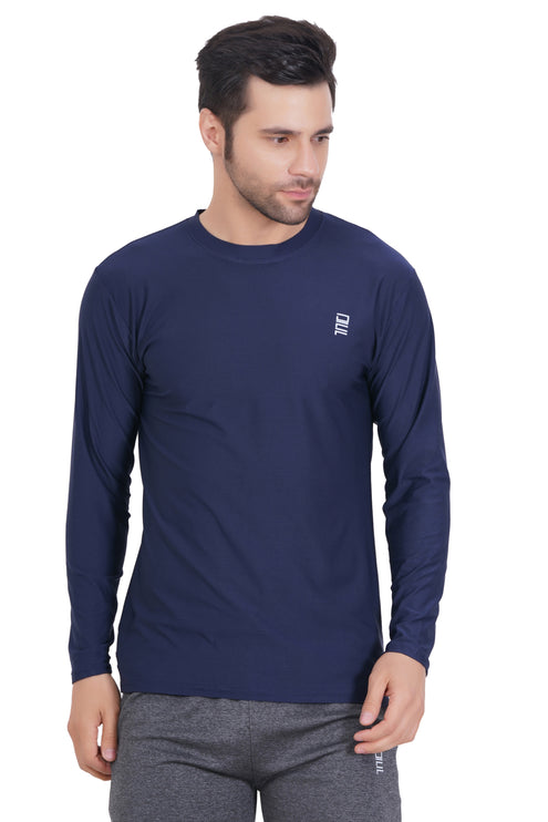 Men Solid Round Neck Polyester Full Sleeve Navy Blue T-Shirt