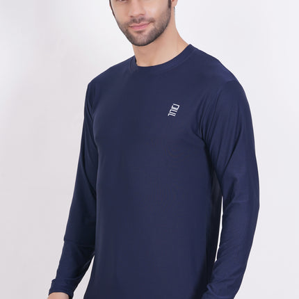 Men Solid Round Neck Polyester Full Sleeve Navy Blue T-Shirt