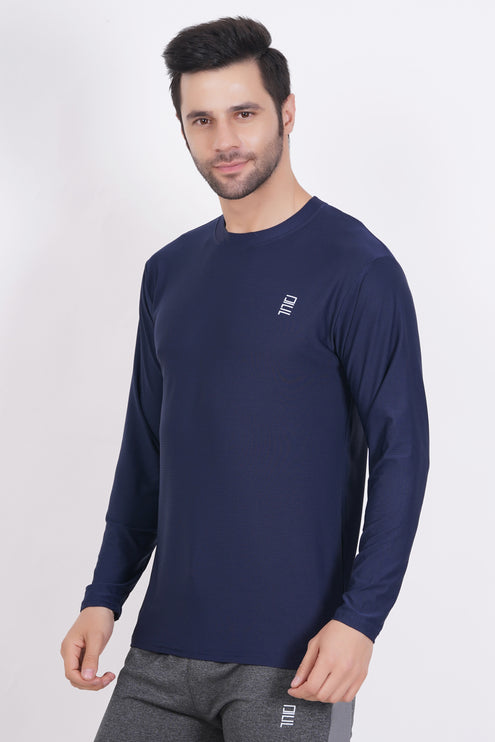 Men Solid Round Neck Polyester Full Sleeve Navy Blue T-Shirt