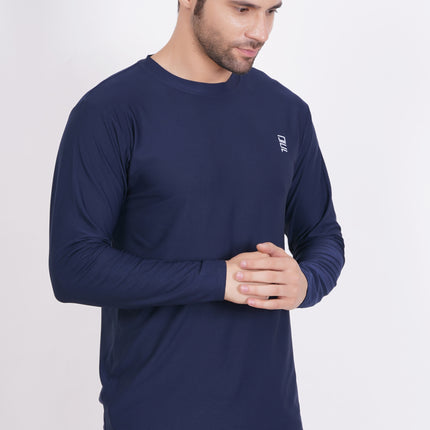 Men Solid Round Neck Polyester Full Sleeve Navy Blue T-Shirt