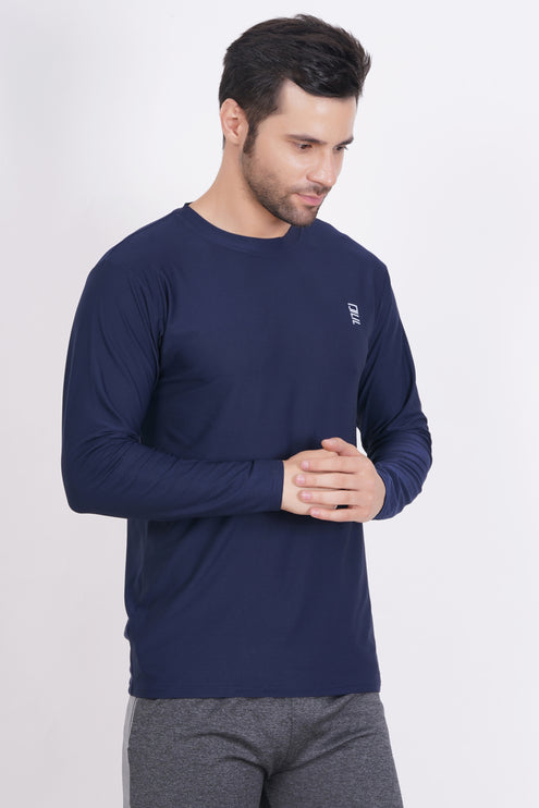 Men Solid Round Neck Polyester Full Sleeve Navy Blue T-Shirt